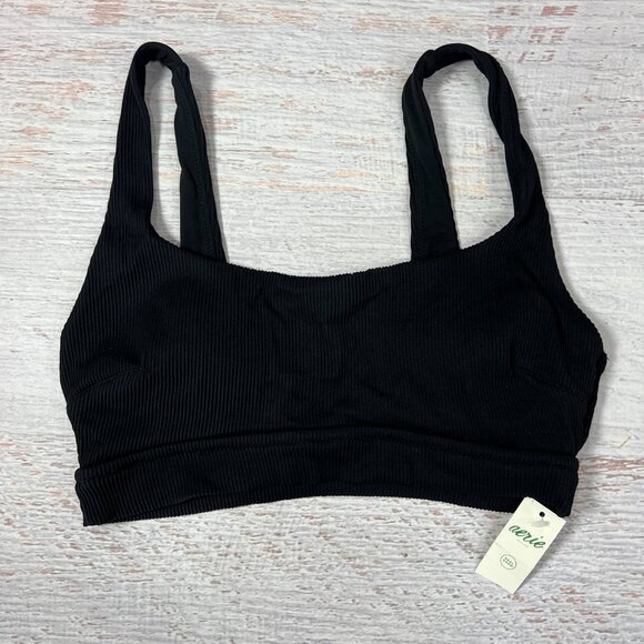 NEW Aerie Ribbed Scoop Bikini Bralette Size S Black Wide Strap Top NWT - Picture 3 of 8